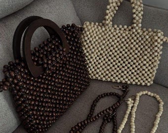 Handmade Wooden Bead Bag: Beige & Brown Shoulder Bag