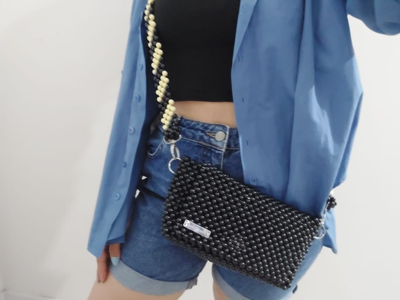 Handmade Black Acrylic Bead Crossbody Bag