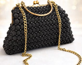 Black Beaded Evening Clutch - Handmade Vintage Style Handbag