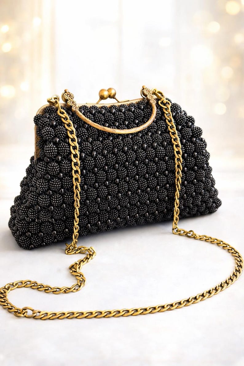 Black Beaded Evening Clutch - Handmade Vintage Style Handbag