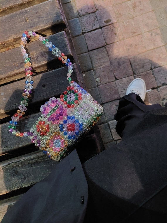 Handmade Rainbow Beaded Granny Square Purse: Crystal Accent Bag
