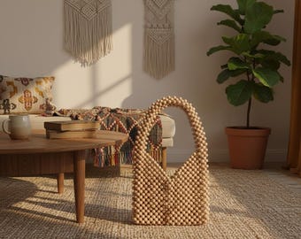 Handmade Wooden Bead Shoulder Bag: Boho Beach Purse