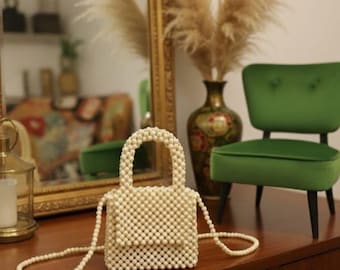 Handmade Mini Bead Bag: Beige Beaded Crossbody Purse