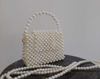 Pearl Beaded Bag - Pearl Bride Bag - White Bead Bag - Wedding Bag - Bridesmaid Gift Bag - Small Pearl Bag - Shoulder Bead Bag - Evening Bag