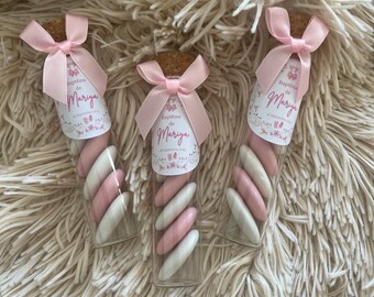Test tube Vial Container for sugared almonds in glass and cork, with 6 sugared almonds, personalized gift, guest gift, baptism, party, birth