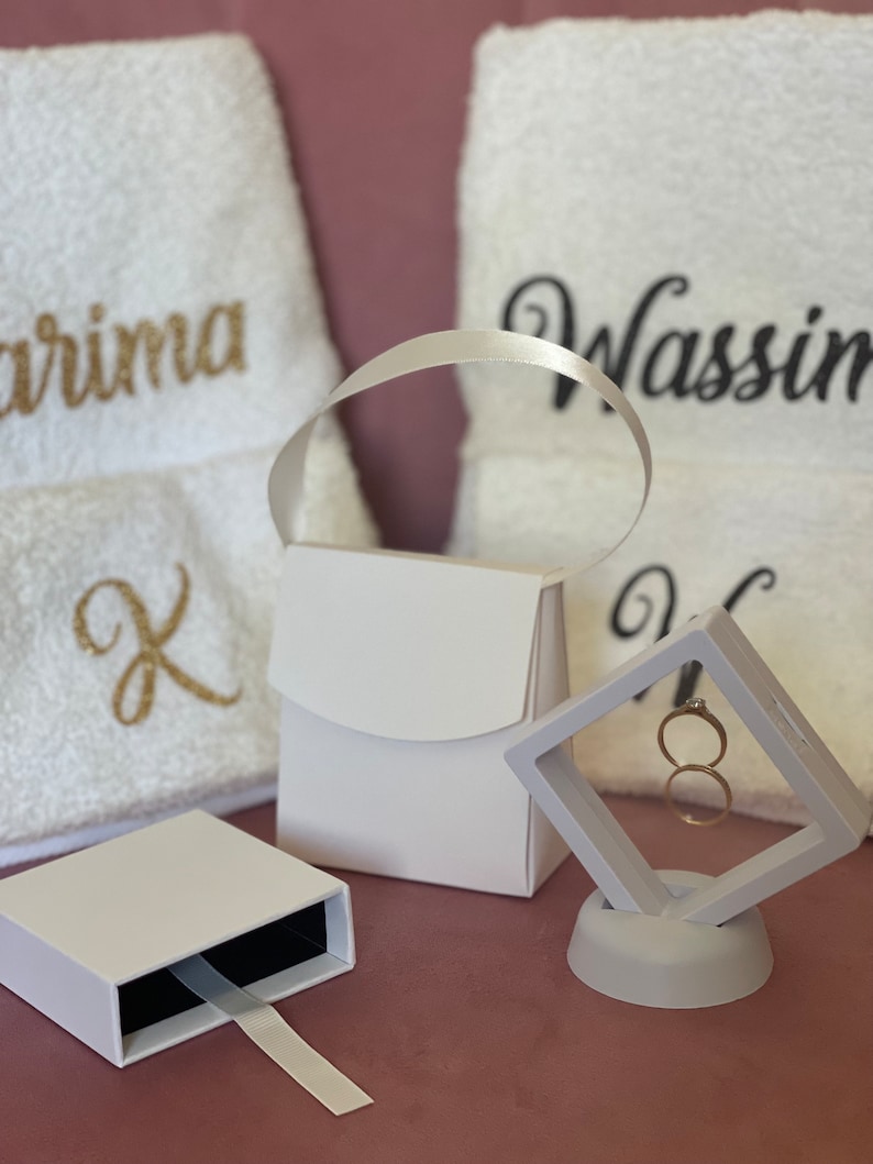 Gift box 7 items, personalized towel, personalized flute, personalized wedding ring holder, wedding gift, trousseau, couple gift image 10
