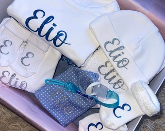 Personalized baby box, birth outfit, birth gift idea, personalized gift, birth box composed of 8 items, baby box