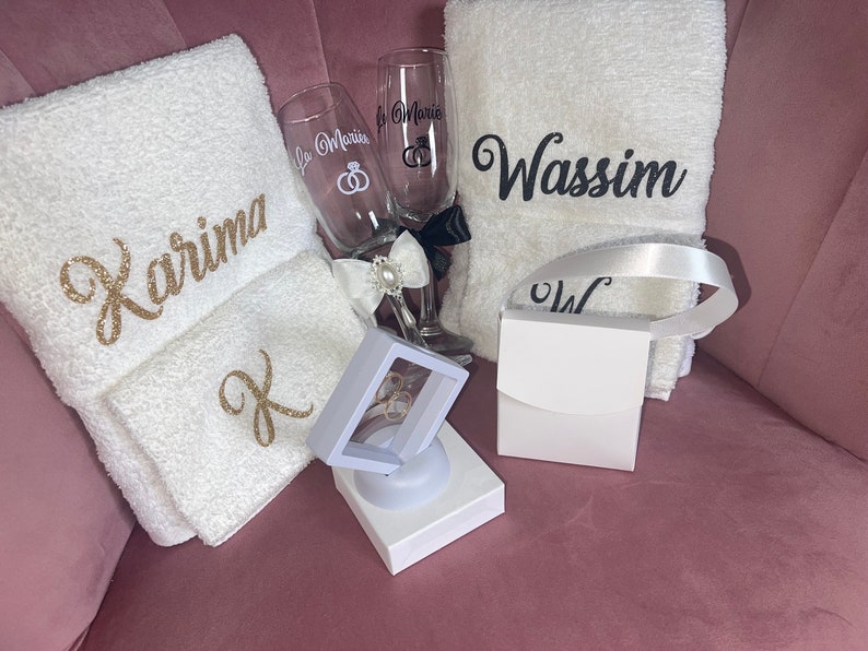 Gift box 7 items, personalized towel, personalized flute, personalized wedding ring holder, wedding gift, trousseau, couple gift image 9