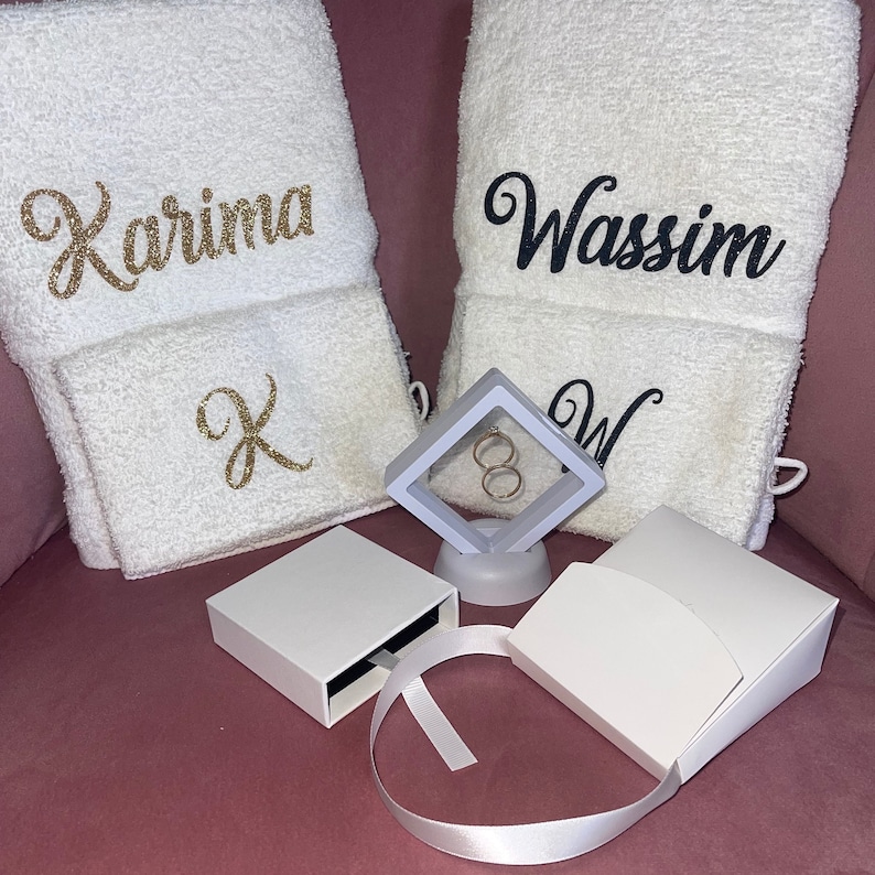 Gift box 7 items, personalized towel, personalized flute, personalized wedding ring holder, wedding gift, trousseau, couple gift image 1