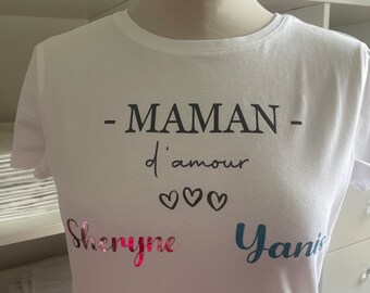 T shirt personnalisé, Maman d'amour avec prénom des enfants, cadeau maman personnalisé, fête des mères, cadeau Noël, t shirt femme,