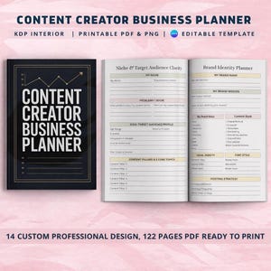 May include: A Content Creator Business Planner with a black cover and gold detailing, open to show planning pages. The planner includes sections for niche, brand identity, and content pillars. The cover reads "CONTENT CREATOR BUSINESS PLANNER".