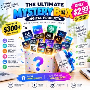 May include: A white gift box with a blue ribbon and a large blue question mark on the front, overflowing with various digital product icons and labels including Canva, ChatGPT, and Adobe software logos, surrounded by promotional text.