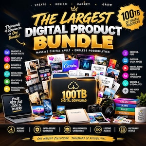 Pode incluir: Um anúncio de um pacote de produtos digitais com o texto THE LARGEST DIGITAL PRODUCT BUNDLE 100TB OF DIGITAL PRODUCTS. A imagem mostra um portátil, smartphone, tablet, agenda e auscultadores, rodeados por ícones de gráficos e modelos.