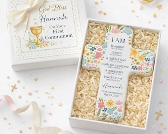 Personalized Baptism Cross Keepsake Box, Custom Name Ceramic Religious Gift, First Communion Christening Memory Box Floral Design