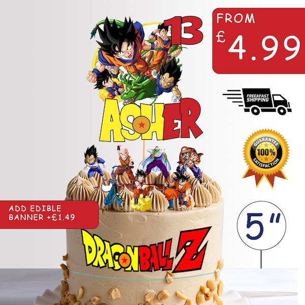 Dragon Ball Z Happy Birthday Card Cake Topper with Character + Edible Banner