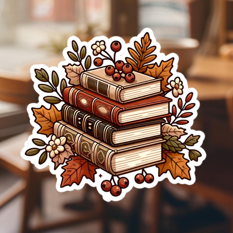 Autumn Fall Cozy Book Sticker: Rustic Charming Stack of Books for Book Lovers