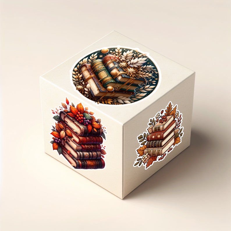 May include: A set of two square stickers featuring stacks of vintage books with autumnal leaves and berries. One sticker features a stack of books with a floral design and the other sticker features a stack of books with a more rustic design.
