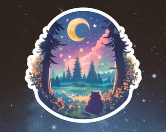 Whimsical Bear Watching Moon Sticker - Night Sky Forest Vinyl Decal for Laptops & Water Bottles