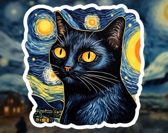 Van Gogh Katze Sticker: Gelbe Augen, Sternennacht Vinyl Sticker