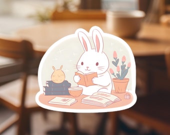 Reading Bunny Vinyl Sticker: Cozy Bibliophile Rabbit Decal