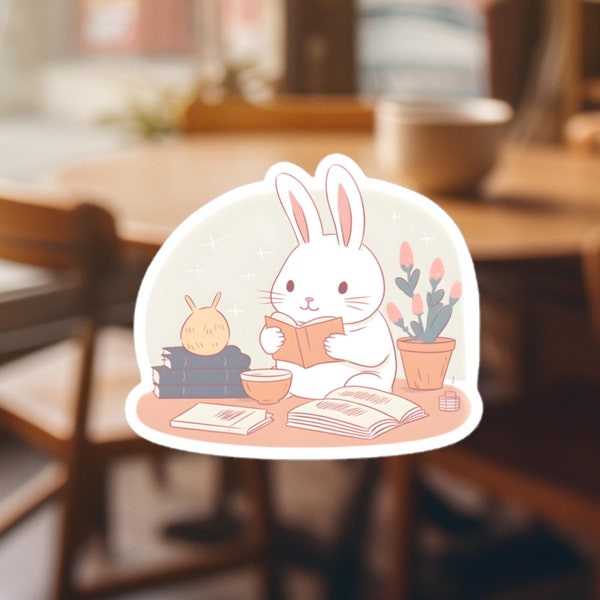 Reading Bunny Sticker, Cozy Rabbit with Books Decal, Perfect for Laptops, Journals, and Bibliophiles Gifts