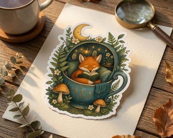 May include: A die-cut sticker featuring a fox reading a book inside a large blue teacup. The illustration includes a crescent moon, hanging lantern, ferns, and mushrooms. The sticker is placed on a white sheet of paper on a wooden surface.