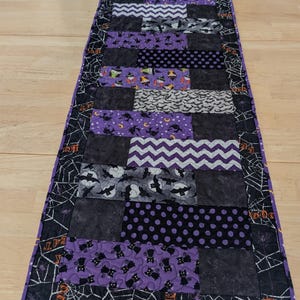 Halloween Purple and Black Quilted Table Runner ~ 15&quot; x 39&quot; ~ quilted patchwork ~ hand made.  Halloween decor.