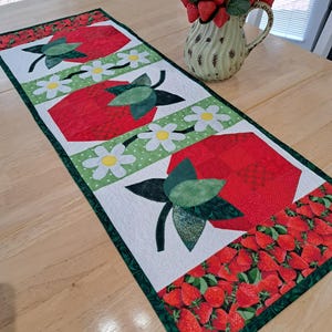 Strawberry Table Runner ~ Hand Made ~ Quilted.  14.25 wide x 38.5 long.