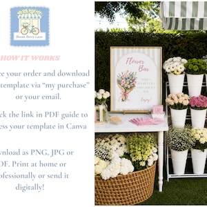 May include: A digital template instruction graphic for a flower bar featuring a step-by-step guide on how to order, access via Canva, and download files. The image includes a sign with the text Flower Bar and a bouquet illustration.
