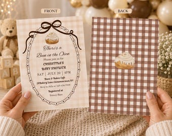 Zaproszenie na baby shower „Bun in the Oven” z nadrukiem, zaproszenie na przyjęcie w kolorze brązowej kratki Gingham w neutralnym kolorze, zestaw kartek z kokardką i akwarelowym motywem cynamonowej bułeczki