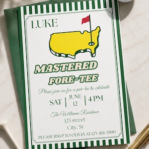 May include: Golf-themed invitation with a green and white border, featuring the text "LUKE" and "MASTERED FORE-TEE". A yellow golf course graphic with a red flag is displayed. Includes event details: June 12, 4 PM, and RSVP information.