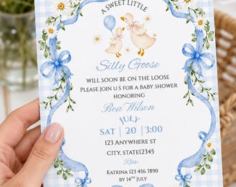 Zaproszenie na baby shower z motywem gęsi, zaproszenie na baby shower dla chłopca w niebieską kratkę gingham, akwarelowe kwiaty z gęsich stokrotek, edytowalny szablon z kokardką