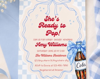 Zaproszenie na baby shower „She’s Ready to Pop” | Edytowalne zaproszenie na baby shower „Soda Pop” | Szablon retro „Blue Cola Ready to Pop” | Motyw niebieskiego napoju gazowanego
