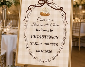 Tabliczka powitalna na baby shower „Bułka w piekarniku”, dekoracja na baby shower w stylu piekarni, plakat z kokardą w kolorze brązowym w kratkę gingham, szablon do edycji
