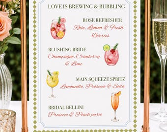 Tabliczka na koktajle z podpisem na wieczór panieński, szablon menu drinków Love Is Brewing, menu baru weselnego Canva, edytowalny szyld na koktajle w stylu akwarelowym