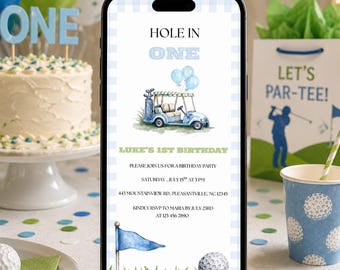 Elektroniczne zaproszenie Hole in One, mobilne zaproszenie na pierwsze urodziny golfa, cyfrowe zaproszenie tekstowe na pierwsze urodziny chłopca, szablon wózka golfowego z akwarelą