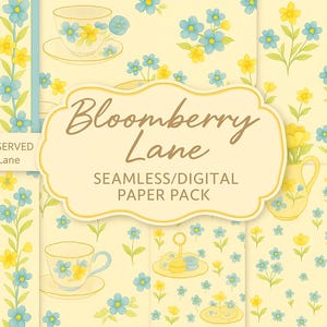 Pacchetto di carta digitale – Motivi floreali senza soluzione di continuità per il Tea Party, tazze da tè vintage, teiere, fiori blu e gialli – Download immediato