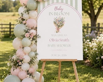 Szablon tablicy powitalnej Baby in Bloom, różowy plakat na baby shower z motywem zielonych kwiatów | Tablica powitalna na baby shower z motywem kwiatowym