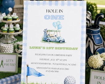 Zaproszenie na urodziny Hole in One, zaproszenie na pierwsze urodziny golfisty, zaproszenie na pierwsze urodziny chłopca, szablon wózka golfowego w kolorze akwarelowym w kratkę gingham