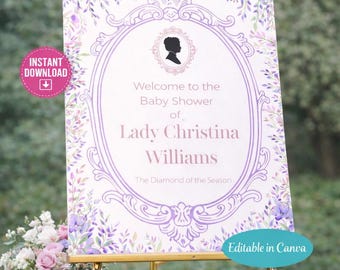 Szablon powitalnego napisu na baby shower, edytowalny plakat Canva w stylu regencji (do pobrania cyfrowego)