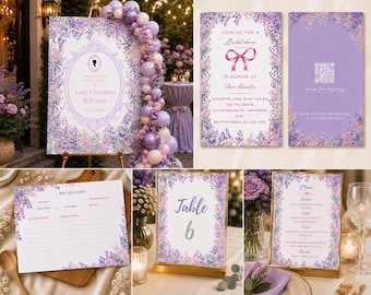 Zestaw na wieczór panieński z motywem lawendy | Elegancki szablon zaproszenia w stylu regencji | Zestaw zaproszeń na przyjęcie herbaciane z motywem wisterii | Zestaw dekoracji Canva z kokardą kokietki
