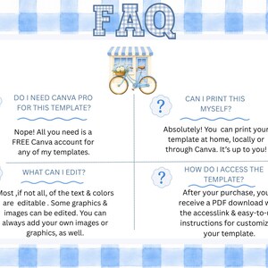 May include: A blue and white gingham FAQ template featuring a bicycle graphic. It includes four sections: Do I need Canva Pro, Can I print this myself, What can I edit, and How do I access the template, with text explaining the editing and printing process.