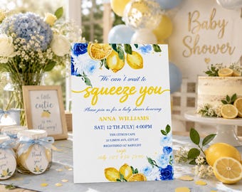 Zaproszenie na baby shower z motywem cytryny | Nie możemy się doczekać, żeby Cię wycisnąć | Szablon z motywem Chinoiserie w kolorze niebieskim i kwiatowym | Akwarela, chłopiec, Cytrusy, Canva