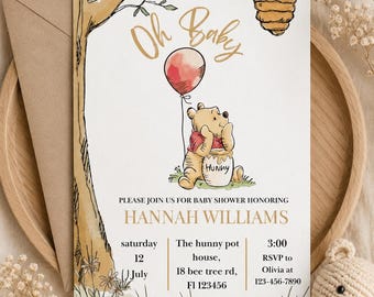 Zaproszenie na baby shower z Kubusiem Puchatkiem | Klasyczne zaproszenie z Kubusiem Puchatkiem | Edytowalny szablon Canva | Pobieranie cyfrowe
