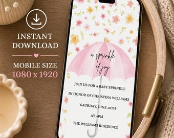 Cyfrowe zaproszenie na baby shower z posypką, elektroniczny różowy parasol, szablon telefonu z akwarelowym kwiatem polnym, posypka