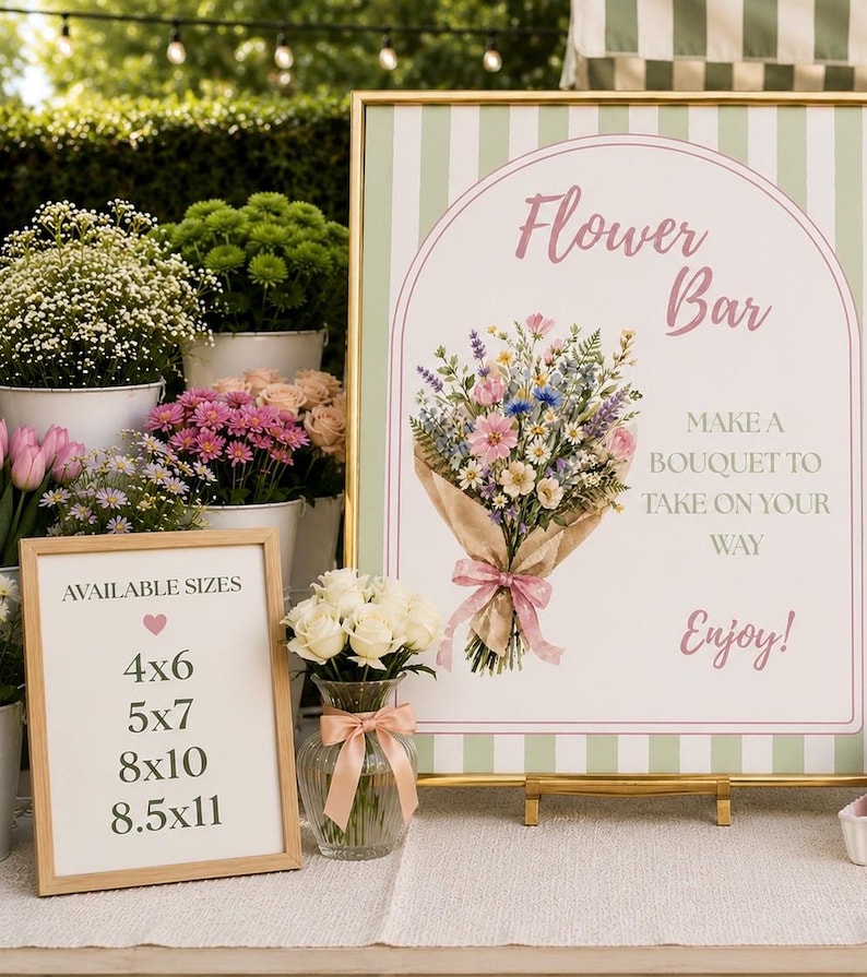 May include: A large rectangular sign with a green and white striped border, gold frame, and text reading Flower Bar, Make a bouquet to take on your way, Enjoy. A smaller sign lists available sizes 4x6, 5x7, 8x10, and 8.5x11 in inches.