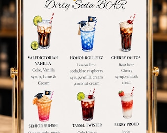 Tabliczka z menu Dirty Soda Bar | Przepis na bar z napojami gazowanymi na imprezę ukończenia szkoły | Szablon wydruku na koktajle bezalkoholowe | Bar z napojami bezalkoholowymi | Dekoracja stołu dla absolwentów Plakat z koktajlami bezalkoholowymi
