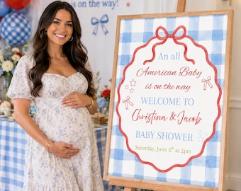 Szablon powitalnego napisu na baby shower w stylu amerykańskim | Plakat powitalny z niebieską kratką w kratkę i czerwoną kokardą | Patriotyczny wystrój baby shower | Amerykański baby shower