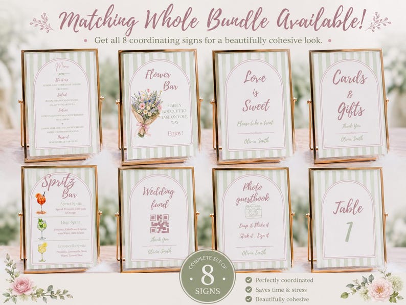 May include: A set of eight rectangular event signs in gold metal frames, featuring a sage green striped background and arched white panels with pink text. The signs include labels for Menu, Flower Bar, Love is Sweet, Cards & Gifts, Spritz Bar, Wedding Fund, Photo guestbook, and Table 1.