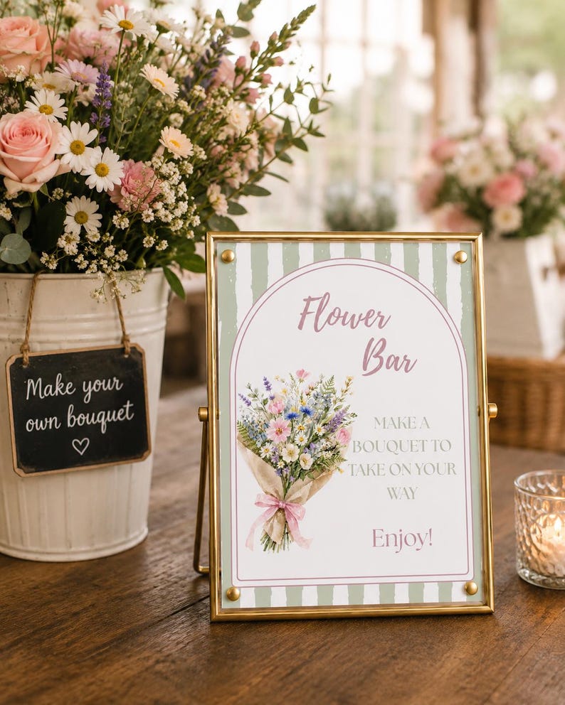 May include: A gold-framed sign with a green and white striped background featuring an illustration of a wildflower bouquet and the text: Flower Bar, MAKE A BOUQUET TO TAKE ON YOUR WAY, Enjoy!. The sign is positioned next to a white bucket of flowers.